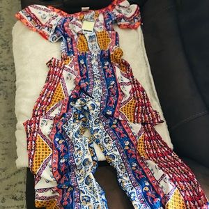 Orange/blue off shoulder jumpsuit